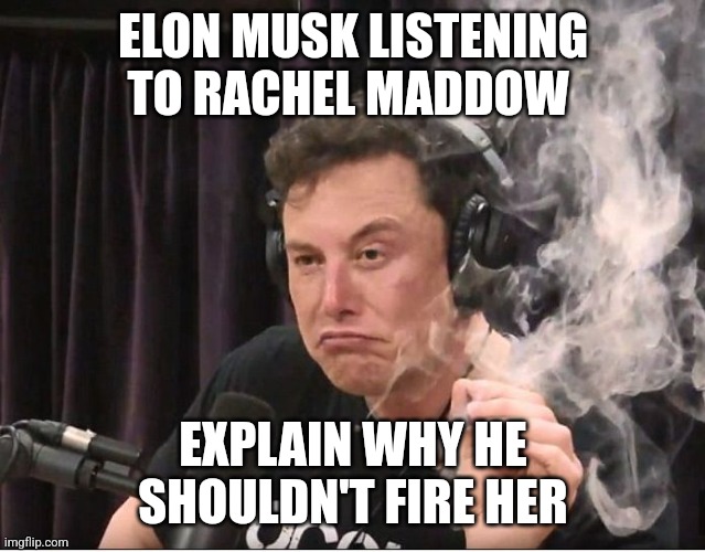 Elon Musk smoking a joint | ELON MUSK LISTENING TO RACHEL MADDOW; EXPLAIN WHY HE SHOULDN'T FIRE HER | image tagged in elon musk smoking a joint | made w/ Imgflip meme maker