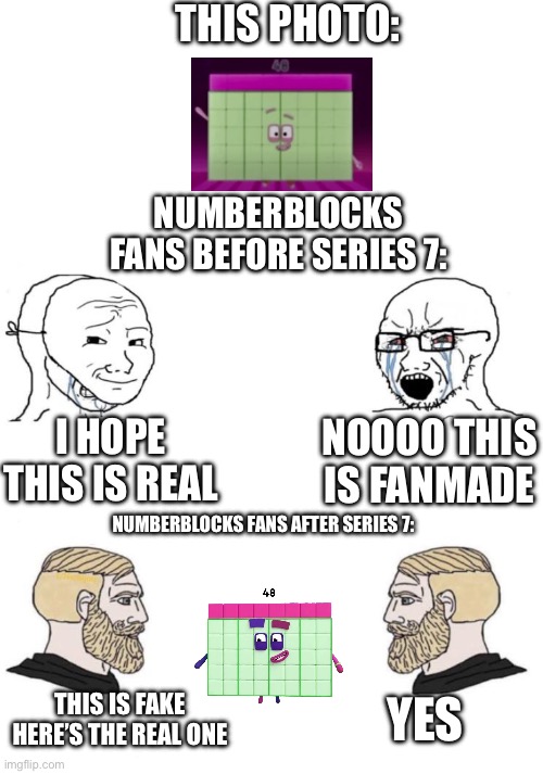 Chad we know | THIS PHOTO:; NUMBERBLOCKS FANS BEFORE SERIES 7:; I HOPE THIS IS REAL; NOOOO THIS IS FANMADE; NUMBERBLOCKS FANS AFTER SERIES 7:; YES; THIS IS FAKE HERE’S THE REAL ONE | image tagged in chad we know,numberblocks | made w/ Imgflip meme maker