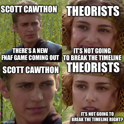 It’s not going to make me redo the timeline right? | THEORISTS; SCOTT CAWTHON; THERE’S A NEW FNAF GAME COMING OUT; IT’S NOT GOING TO BREAK THE TIMELINE; THEORISTS; SCOTT CAWTHON; IT’S NOT GOING TO BREAK THE TIMELINE RIGHT? | image tagged in anakin padme 4 panel,fnaf | made w/ Imgflip meme maker