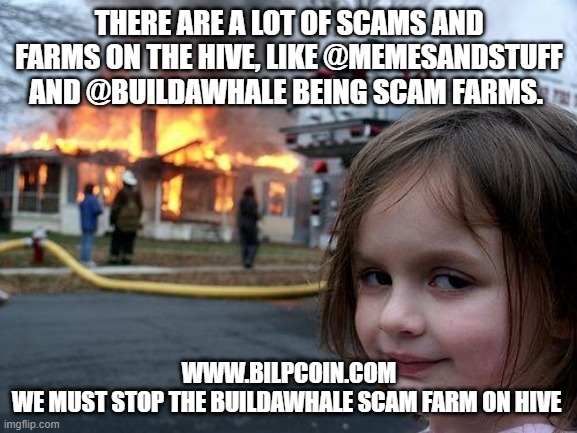 Disaster Girl Meme | THERE ARE A LOT OF SCAMS AND FARMS ON THE HIVE, LIKE @MEMESANDSTUFF AND @BUILDAWHALE BEING SCAM FARMS. WWW.BILPCOIN.COM

WE MUST STOP THE BUILDAWHALE SCAM FARM ON HIVE | image tagged in memes,disaster girl | made w/ Imgflip meme maker