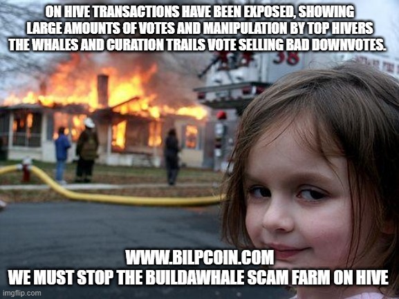 Disaster Girl Meme | ON HIVE TRANSACTIONS HAVE BEEN EXPOSED, SHOWING LARGE AMOUNTS OF VOTES AND MANIPULATION BY TOP HIVERS THE WHALES AND CURATION TRAILS VOTE SELLING BAD DOWNVOTES. WWW.BILPCOIN.COM

WE MUST STOP THE BUILDAWHALE SCAM FARM ON HIVE | image tagged in memes,disaster girl | made w/ Imgflip meme maker