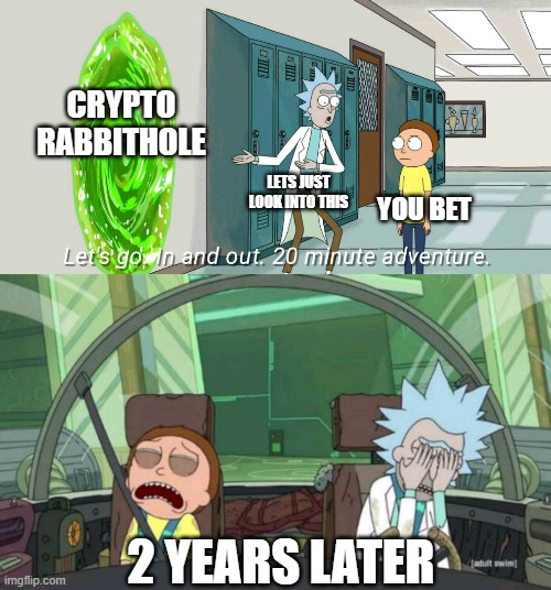 20 minute adventure rick morty | CRYPTO RABBITHOLE; LETS JUST LOOK INTO THIS; YOU BET; 2 YEARS LATER | image tagged in 20 minute adventure rick morty | made w/ Imgflip meme maker