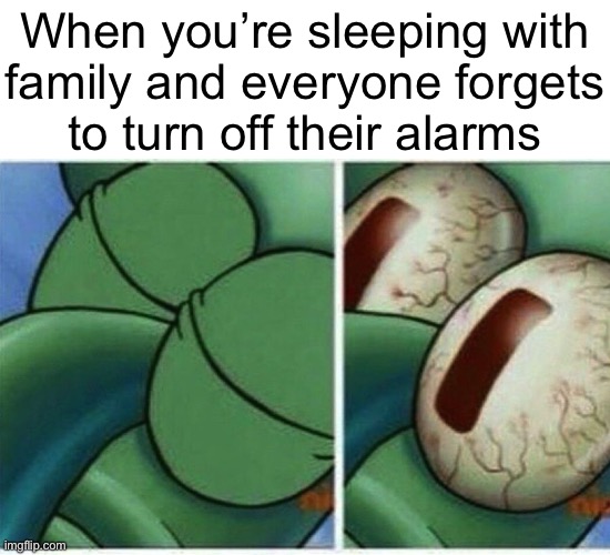 The reality of family visits | When you’re sleeping with
family and everyone forgets
to turn off their alarms | image tagged in squidward | made w/ Imgflip meme maker