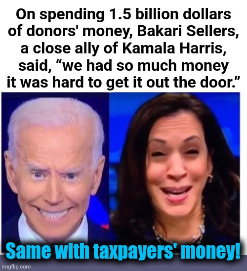 Kamala's campaign debt was actually shutting off the fire hose within drops of the intended closure | On spending 1.5 billion dollars
of donors' money, Bakari Sellers,
a close ally of Kamala Harris,
said, “we had so much money
it was hard to get it out the door.”; Same with taxpayers' money! | image tagged in biden harris,presidential campaign,money,memes,insane spending,democrats | made w/ Imgflip meme maker