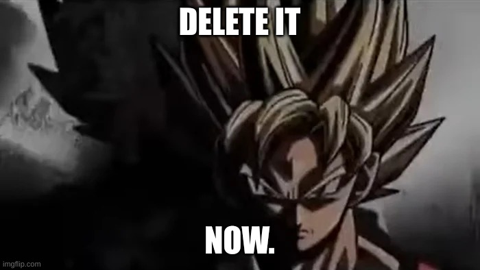 Goku Staring | DELETE IT NOW. | image tagged in goku staring | made w/ Imgflip meme maker