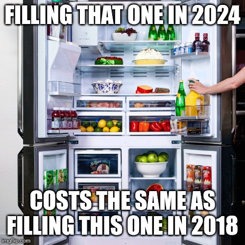 Refrigerator | FILLING THAT ONE IN 2024 COSTS THE SAME AS FILLING THIS ONE IN 2018 | image tagged in refrigerator | made w/ Imgflip meme maker