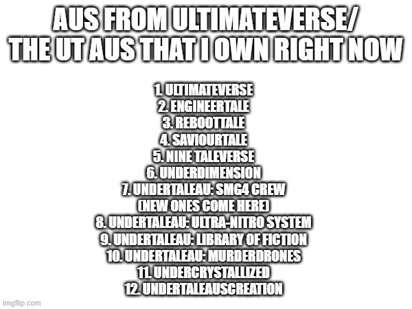 lets goooooooooooooooooooooooooooooooo | AUS FROM ULTIMATEVERSE/ THE UT AUS THAT I OWN RIGHT NOW; 1. ULTIMATEVERSE
2. ENGINEERTALE
3. REBOOTTALE
4. SAVIOURTALE
5. NINE TALEVERSE
6. UNDERDIMENSION
7. UNDERTALEAU: SMG4 CREW
(NEW ONES COME HERE)
8. UNDERTALEAU: ULTRA-NITRO SYSTEM
9. UNDERTALEAU: LIBRARY OF FICTION
10. UNDERTALEAU: MURDERDRONES
11. UNDERCRYSTALLIZED
12. UNDERTALEAUSCREATION | image tagged in undertale aus,undertale,ultimateverse | made w/ Imgflip meme maker