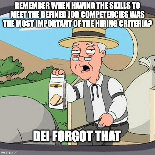 Hire for competence, then diversity | REMEMBER WHEN HAVING THE SKILLS TO MEET THE DEFINED JOB COMPETENCIES WAS THE MOST IMPORTANT OF THE HIRING CRITERIA? DEI FORGOT THAT | image tagged in memes,pepperidge farm remembers | made w/ Imgflip meme maker