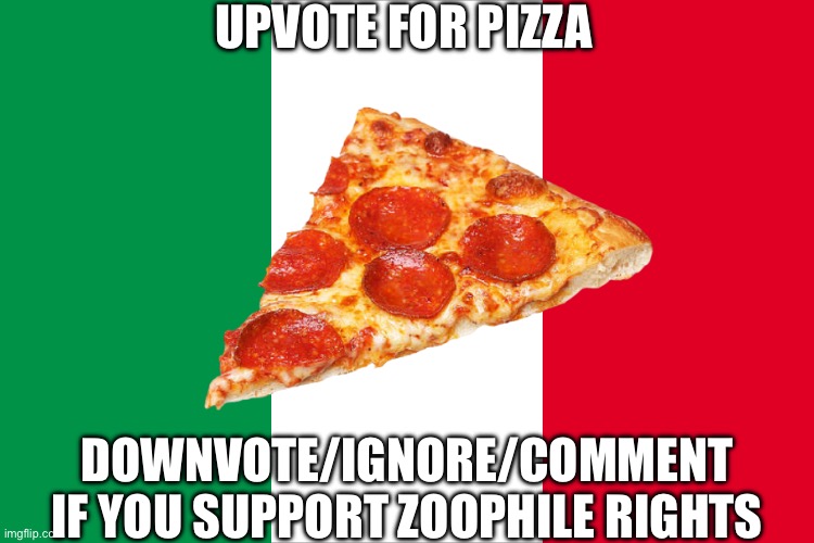 Upvote for pizza | UPVOTE FOR PIZZA; DOWNVOTE/IGNORE/COMMENT IF YOU SUPPORT ZOOPHILE RIGHTS | image tagged in the italian flag,pizza,memes | made w/ Imgflip meme maker