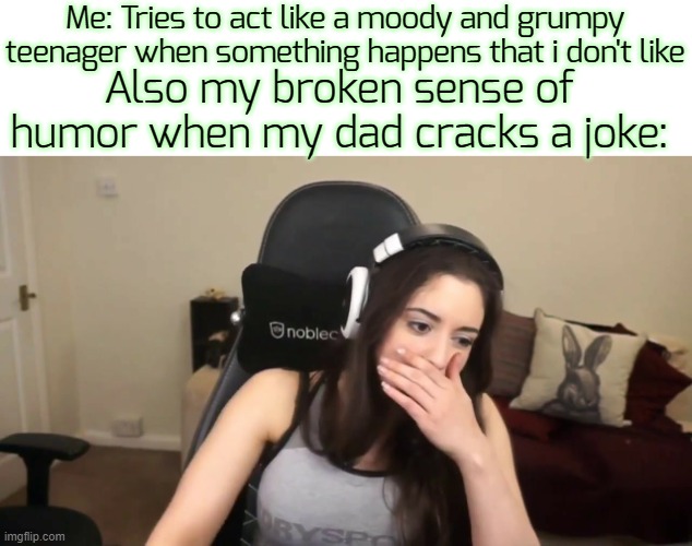 i swear my humor is broken | Me: Tries to act like a moody and grumpy teenager when something happens that i don't like; Also my broken sense of humor when my dad cracks a joke: | image tagged in sweet anita covering mouth,funny,memes | made w/ Imgflip meme maker