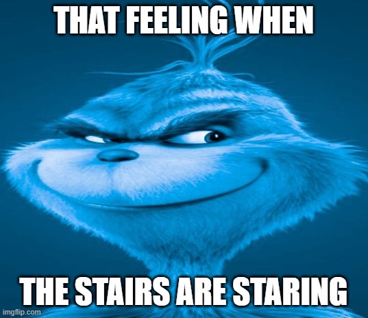 You all know that feeling | THAT FEELING WHEN; THE STAIRS ARE STARING | image tagged in blue grinch,stairs,knee surgery | made w/ Imgflip meme maker