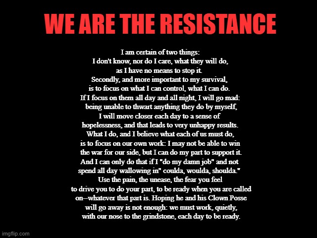 WE ARE THE RESISTANCE | WE ARE THE RESISTANCE; I am certain of two things:
 I don't know, nor do I care, what they will do, 
as I have no means to stop it. 
Secondly, and more important to my survival, 
is to focus on what I can control, what I can do. 
If I focus on them all day and all night, I will go mad:
 being unable to thwart anything they do by myself,
I will move closer each day to a sense of 
hopelessness, and that leads to very unhappy results.
 What I do, and I believe what each of us must do, 
is to focus on our own work: I may not be able to win
 the war for our side, but I can do my part to support it.
And I can only do that if I "do my damn job" and not 
spend all day wallowing in" coulda, woulda, shoulda." 
Use the pain, the unease, the fear you feel
 to drive you to do your part, to be ready when you are called
 on--whatever that part is. Hoping he and his Clown Posse
 will go away is not enough: we must work, quietly,
 with our nose to the grindstone, each day to be ready. | image tagged in resistance,prepare,survival,war,trump is my enemy | made w/ Imgflip meme maker