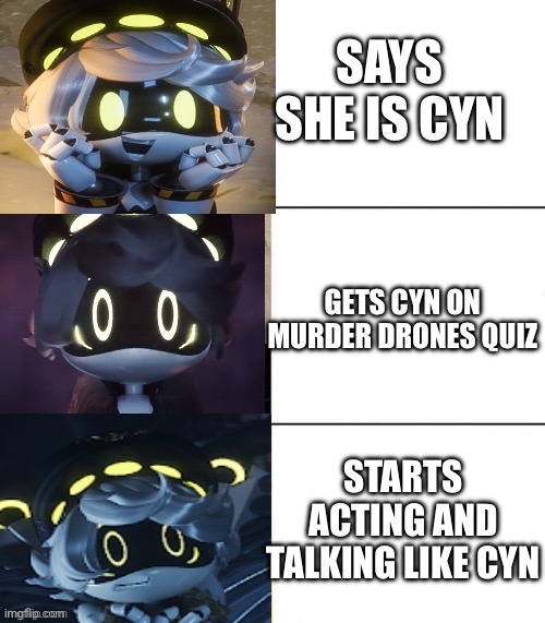 Me | SAYS SHE IS CYN; GETS CYN ON MURDER DRONES QUIZ; STARTS ACTING AND TALKING LIKE CYN | image tagged in n's fright level | made w/ Imgflip meme maker