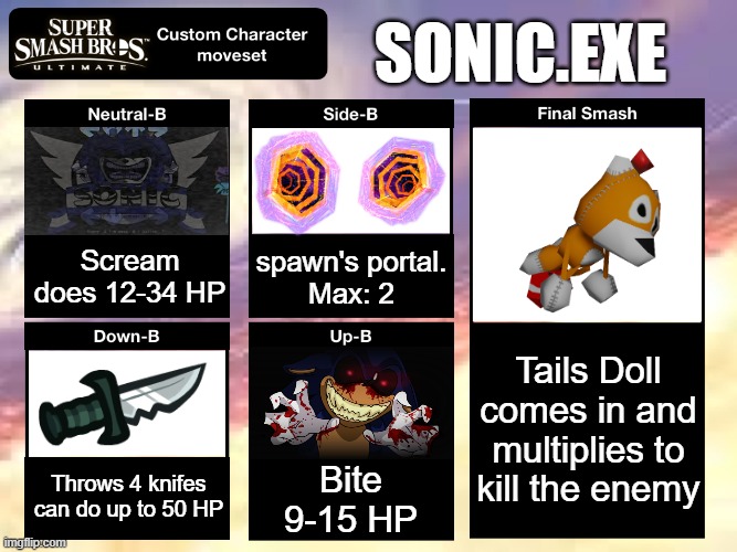 Smash Ultimate Custom Moveset | SONIC.EXE; Scream
does 12-34 HP; spawn's portal.
Max: 2; Tails Doll comes in and multiplies to kill the enemy; Throws 4 knifes
can do up to 50 HP; Bite
9-15 HP | image tagged in smash ultimate custom moveset | made w/ Imgflip meme maker