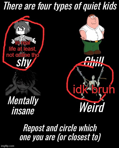 Four types of quiet kid | in real life at least, not online tho; idk bruh | image tagged in four types of quiet kid | made w/ Imgflip meme maker