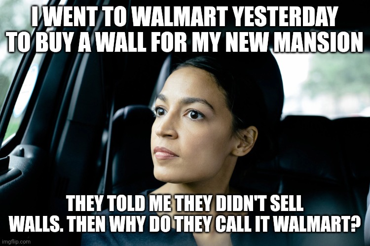 Buying a new wall | I WENT TO WALMART YESTERDAY TO BUY A WALL FOR MY NEW MANSION; THEY TOLD ME THEY DIDN'T SELL WALLS. THEN WHY DO THEY CALL IT WALMART? | image tagged in alexandria ocasio-cortez,funny memes | made w/ Imgflip meme maker