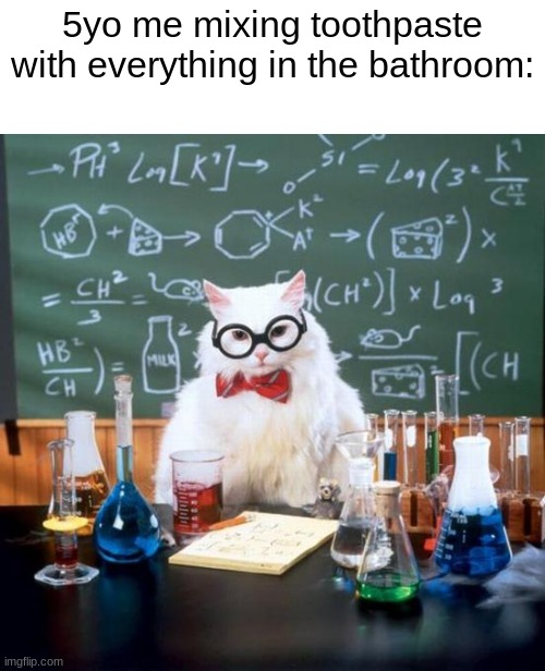 memeories | 5yo me mixing toothpaste
with everything in the bathroom: | image tagged in memes,chemistry cat | made w/ Imgflip meme maker