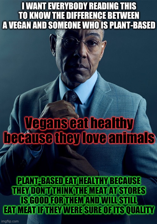 Please | I WANT EVERYBODY READING THIS TO KNOW THE DIFFERENCE BETWEEN A VEGAN AND SOMEONE WHO IS PLANT-BASED; Vegans eat healthy because they love animals; PLANT-BASED EAT HEALTHY BECAUSE THEY DON’T THINK THE MEAT AT STORES IS GOOD FOR THEM AND WILL STILL EAT MEAT IF THEY WERE SURE OF ITS QUALITY | image tagged in gus fring we are not the same | made w/ Imgflip meme maker