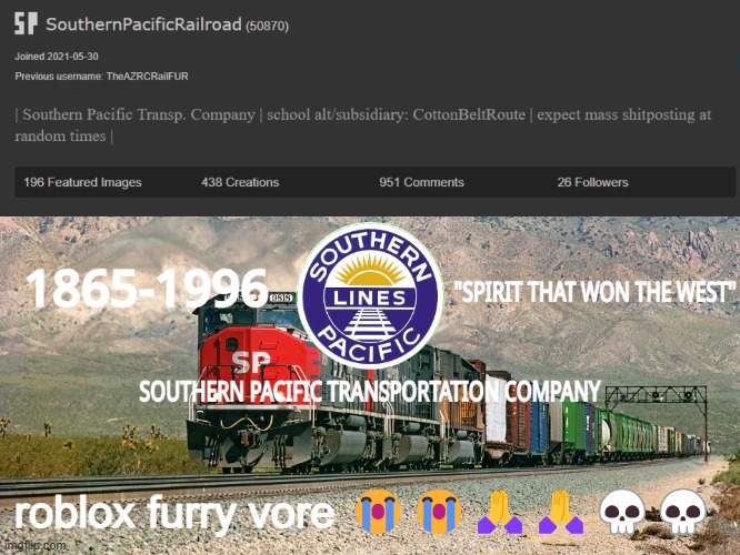 istg bro | roblox furry vore 😭😭🙏🙏💀💀 | image tagged in southernpacificrailroad annou temp | made w/ Imgflip meme maker