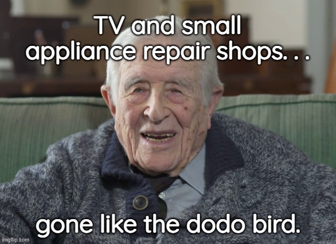 old man | TV and small appliance repair shops. . . gone like the dodo bird. | image tagged in old man | made w/ Imgflip meme maker