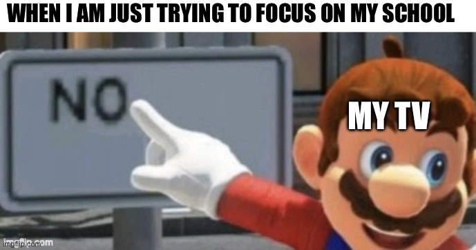 Mr trying to focus on school | WHEN I AM JUST TRYING TO FOCUS ON MY SCHOOL; MY TV | image tagged in mario no sign,lol so funny,for real | made w/ Imgflip meme maker