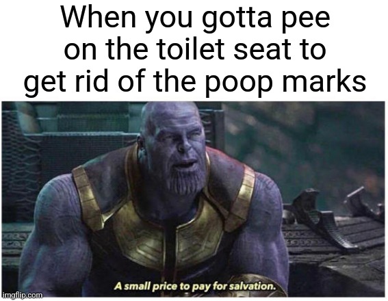 Thanoe | When you gotta pee on the toilet seat to get rid of the poop marks | image tagged in a small price to pay for salvation,memes | made w/ Imgflip meme maker