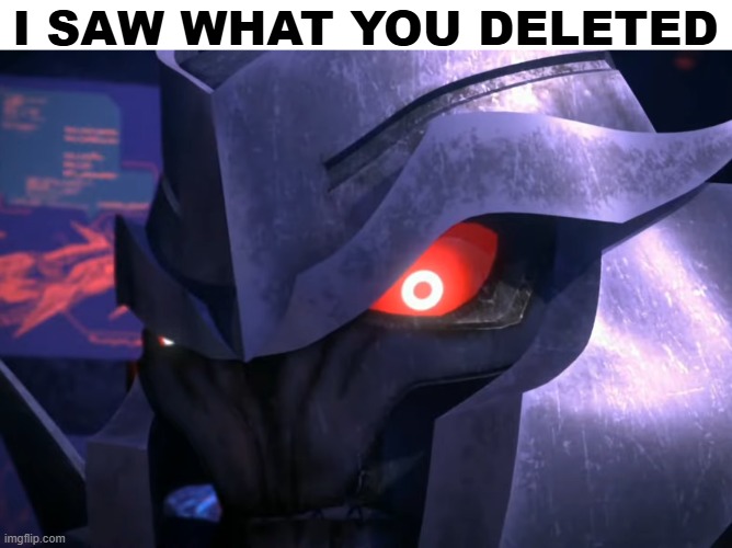 Megatron eyebrow raise | I SAW WHAT YOU DELETED | image tagged in megatron eyebrow raise | made w/ Imgflip meme maker