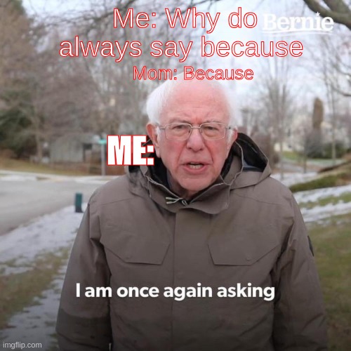 THE ONLY ANSWER | Me: Why do always say because; Mom: Because; ME: | image tagged in memes,bernie i am once again asking for your support | made w/ Imgflip meme maker