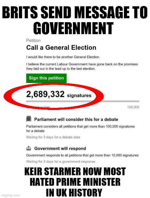 Millions sign petition - sending message to government. | BRITS SEND MESSAGE TO
GOVERNMENT; KEIR STARMER NOW MOST
HATED PRIME MINISTER
IN UK HISTORY | image tagged in memes,united kingdom,keir starmer,petition,political meme | made w/ Imgflip meme maker