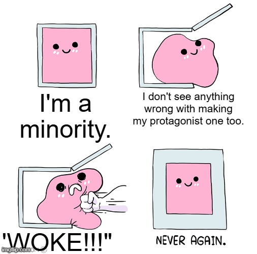 Pink Blob In the Box | I'm a minority. I don't see anything wrong with making my protagonist one too. 'WOKE!!!" | image tagged in pink blob in the box | made w/ Imgflip meme maker