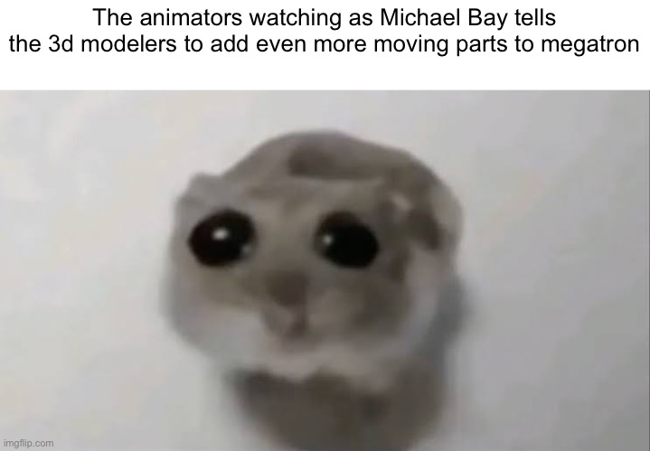 Sad Hamster | The animators watching as Michael Bay tells the 3d modelers to add even more moving parts to megatron | image tagged in sad hamster | made w/ Imgflip meme maker