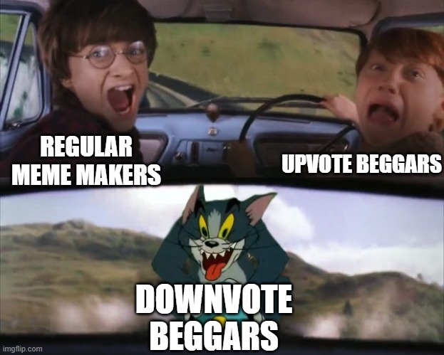 You should do it too, idk | UPVOTE BEGGARS; REGULAR MEME MAKERS; DOWNVOTE BEGGARS | image tagged in tom chasing harry and ron weasly,harry potter,ron weasley,tom,chase | made w/ Imgflip meme maker