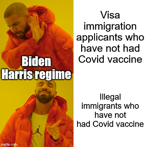 It was never about keeping America safe... | Visa immigration applicants who have not had Covid vaccine; Biden Harris regime; Illegal immigrants who have not had Covid vaccine | image tagged in memes,drake hotline bling,double standards,biden harris regime,putting americans in harms way | made w/ Imgflip meme maker