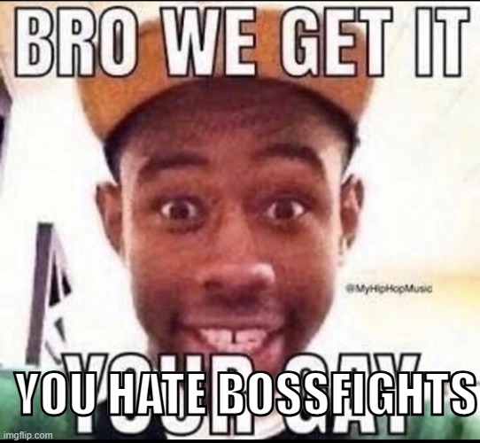 hey guys, punch here. how y'all doing? | YOU HATE BOSSFIGHTS | image tagged in bro we get it you're gay | made w/ Imgflip meme maker