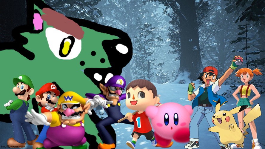 Wario and Friends dies by forest wolf demon while exploring in a snowy forest | image tagged in snowy forest background,wario dies,animal crossing,pokemon,super mario bros,crossover | made w/ Imgflip meme maker