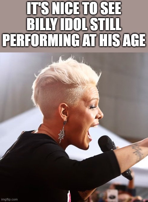 Billy Idol Still Performing At His Age | IT'S NICE TO SEE BILLY IDOL STILL PERFORMING AT HIS AGE | image tagged in billy idol,pink,performing,singing,funny,memes | made w/ Imgflip meme maker