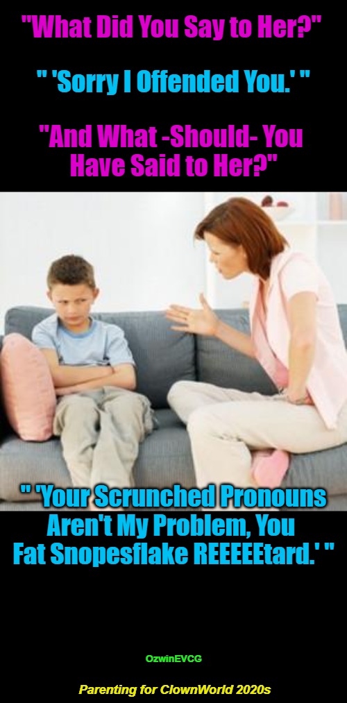 Parenting for ClownWorld 2020s | "What Did You Say to Her?"; " 'Sorry I Offended You.' "; "And What -Should- You 

Have Said to Her?"; " 'Your Scrunched Pronouns 

Aren't My Problem, You 

Fat Snopesflake REEEEEtard.' "; OzwinEVCG; Parenting for ClownWorld 2020s | image tagged in parent scolding child,political humor,clown world,everything is offensive,battle for control,generation snopesflakes | made w/ Imgflip meme maker