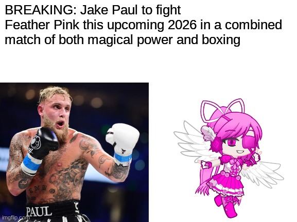 Imagine if that was real | BREAKING: Jake Paul to fight Feather Pink this upcoming 2026 in a combined match of both magical power and boxing | image tagged in blank white template | made w/ Imgflip meme maker