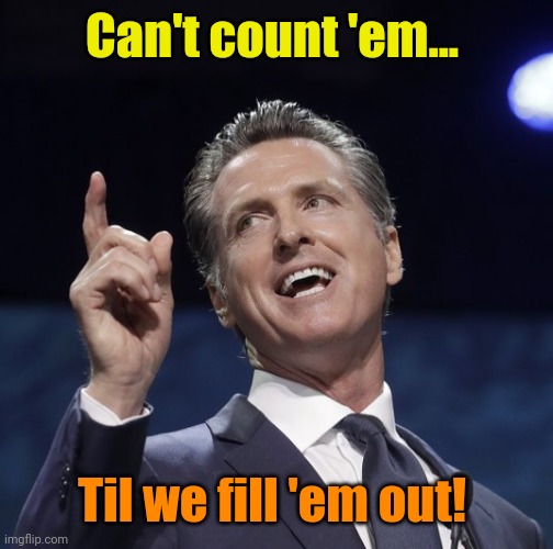 Gavin newsom | Can't count 'em... Til we fill 'em out! | image tagged in gavin newsom | made w/ Imgflip meme maker