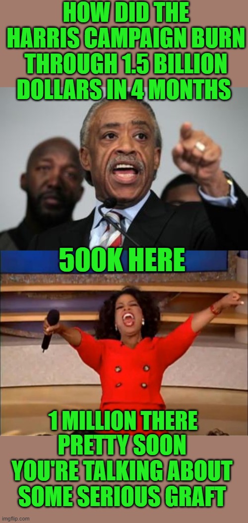 Yep | HOW DID THE HARRIS CAMPAIGN BURN THROUGH 1.5 BILLION DOLLARS IN 4 MONTHS; 500K HERE; 1 MILLION THERE; PRETTY SOON YOU'RE TALKING ABOUT SOME SERIOUS GRAFT | image tagged in al sharpton,memes,oprah you get a | made w/ Imgflip meme maker