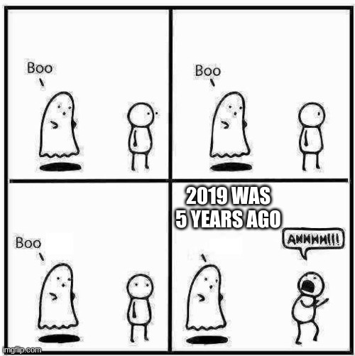 it's been a long time | 2019 WAS 5 YEARS AGO | image tagged in ghost boo,2019,5 years | made w/ Imgflip meme maker