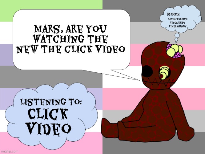 Post directed to one specific user bc I don't have him on memechat. | Mars, are you watching the new the click video; Kinda worried
kinda eepy
kinda hungy; Click
video | image tagged in maggotsinmyskin announcement template little gal | made w/ Imgflip meme maker