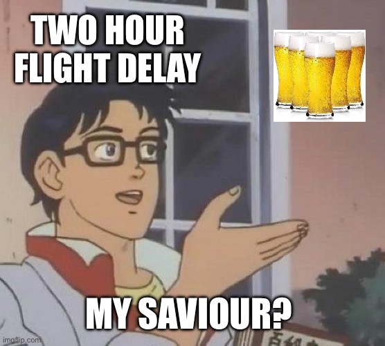 Hate being sober | TWO HOUR FLIGHT DELAY; MY SAVIOUR? | image tagged in memes,is this a pigeon,beer,airport,funny | made w/ Imgflip meme maker