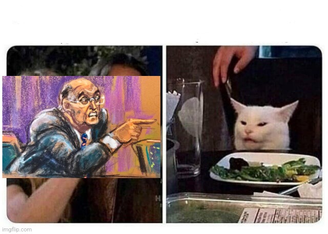 Giuliani having feelings | image tagged in cat at dinner | made w/ Imgflip meme maker