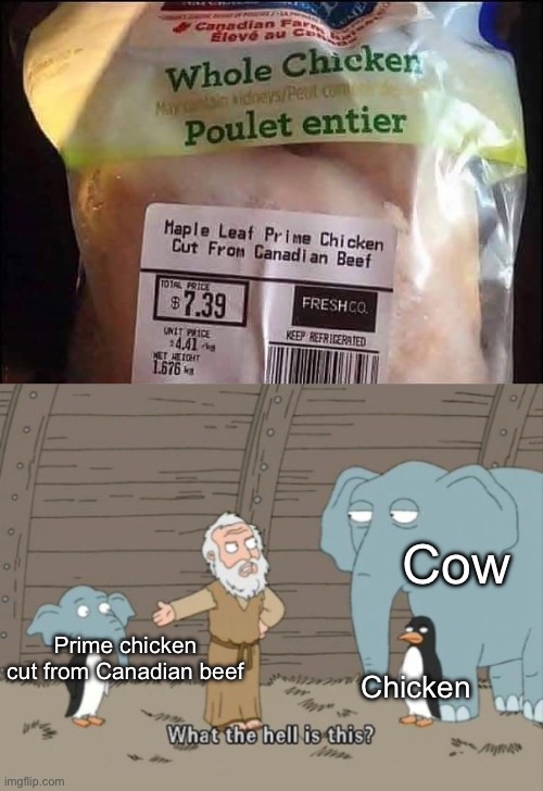 Beef chicken | Cow; Prime chicken cut from Canadian beef; Chicken | image tagged in what the hell is this,beef,chicken,meanwhile in canada,canadian | made w/ Imgflip meme maker