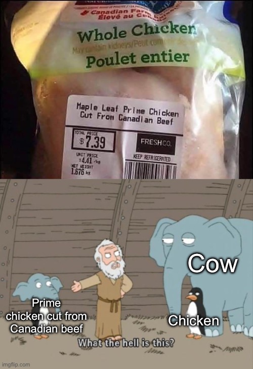 Canadian beefchicken | Cow; Prime chicken cut from Canadian beef; Chicken | image tagged in what the hell is this,chicken,beef,canadian,meanwhile in canada | made w/ Imgflip meme maker