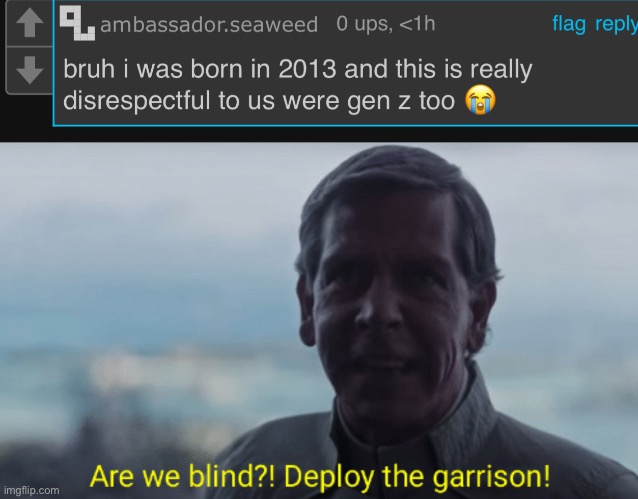 image tagged in are we blind deploy the garrison | made w/ Imgflip meme maker