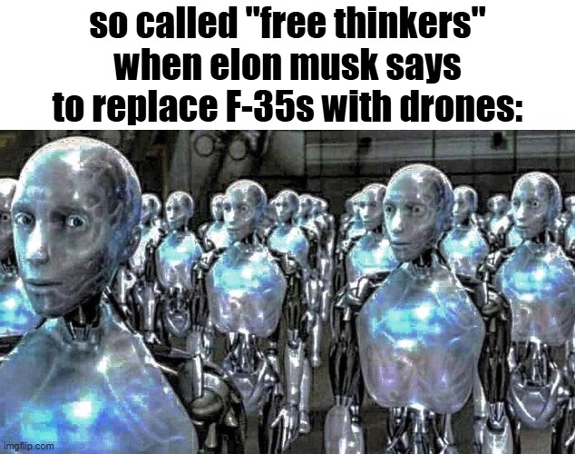 too many twitter fucks (including elon himself) think drones should replace the Lightning IIs, smh | so called "free thinkers" when elon musk says to replace F-35s with drones: | image tagged in so called free thinkers | made w/ Imgflip meme maker