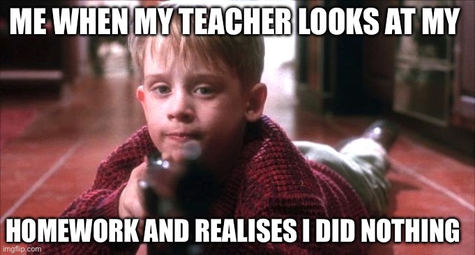 I hate my homework upvote pls | ME WHEN MY TEACHER LOOKS AT MY; HOMEWORK AND REALISES I DID NOTHING | image tagged in get out,home alone | made w/ Imgflip meme maker