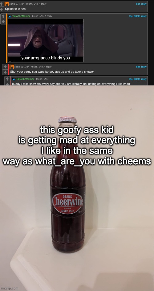 this goofy ass kid is getting mad at everything I like in the same way as what_are_you with cheems | image tagged in cheerwine | made w/ Imgflip meme maker